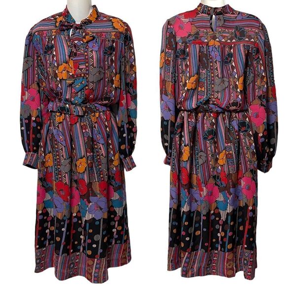 VINTAGE Wilroy Traveller Brownstone Studio Floral Abstract Belted Midi Dress 12 - Picture 1 of 14